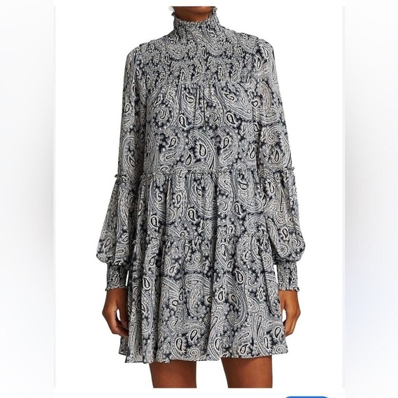 Cinq A Sept Rika Paisley Print Dress Size 6 Tiered Long Sleeve Smocked Mini - Picture 1 of 6